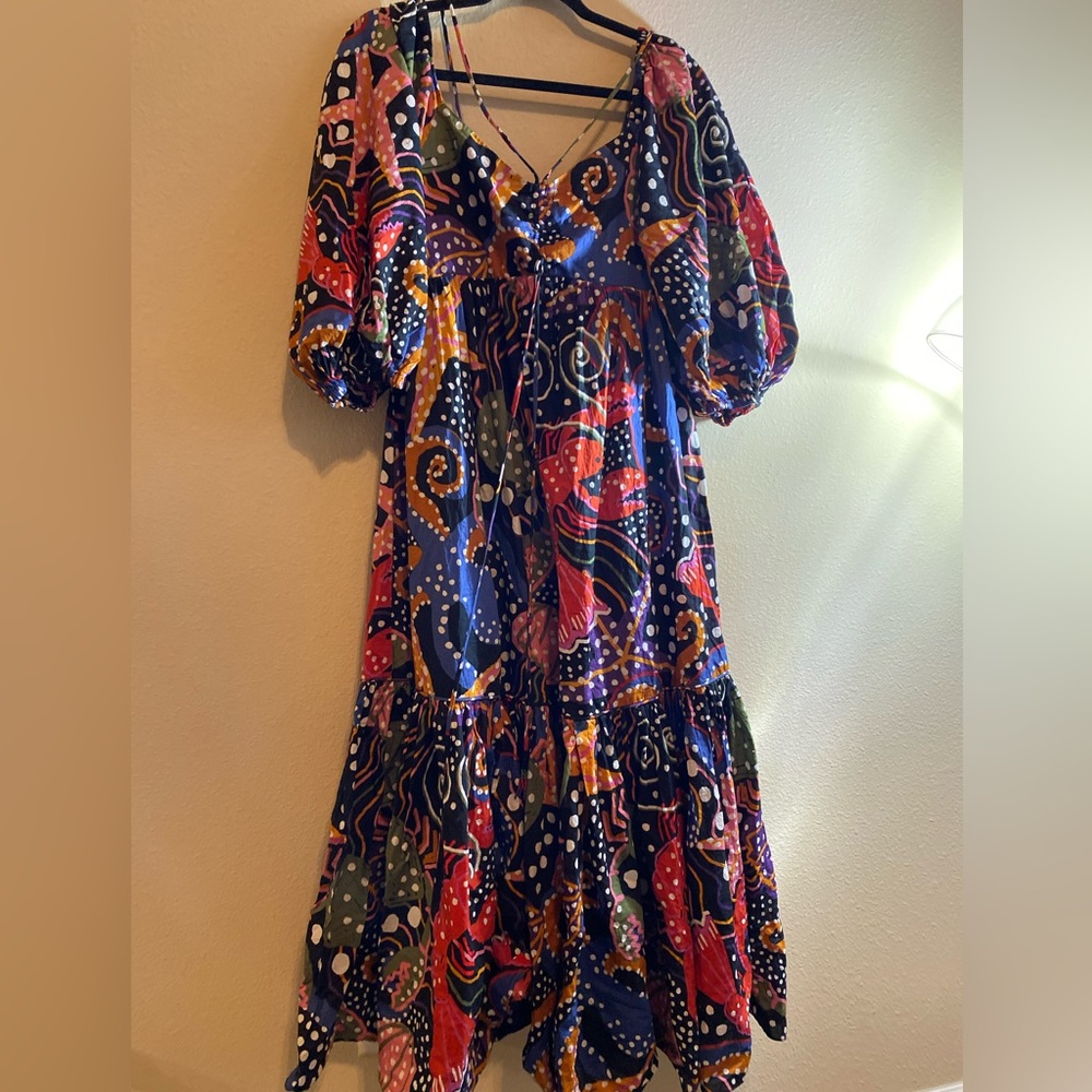 FARM RIO UNDER THE SEA MIDI DRESS PUFFED SLEEVES SIZE M